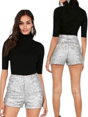 Express Sequin Extreme Hi-Rise Shortie Hot Pants Shorts Silver Glam